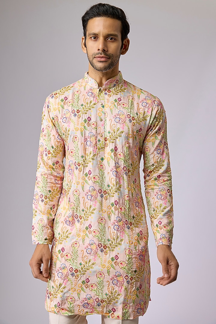 Peach Dupion Silk Kurta Set by Jayesh and Kaajal Shah Men at Pernia's Pop Up Shop