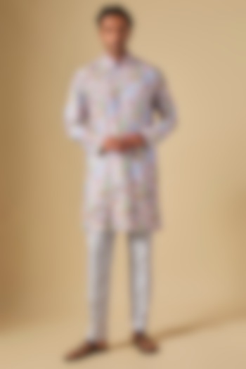 Sky Blue Silk Printed & Embroidered Kurta Set by Jayesh and Kaajal Shah at Pernia's Pop Up Shop