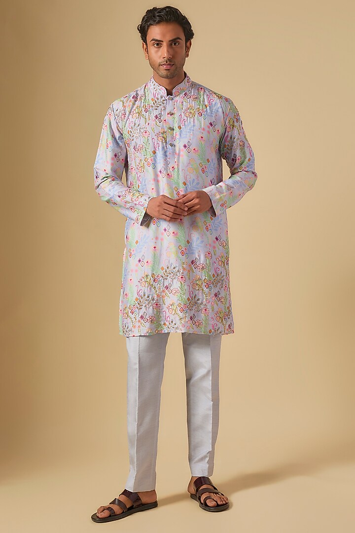 Sky Blue Silk Printed & Embroidered Kurta Set by Jayesh and Kaajal Shah at Pernia's Pop Up Shop