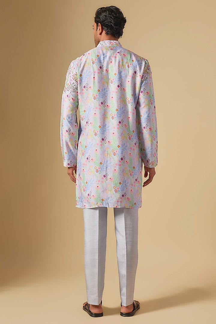 Sky Blue Silk Printed & Embroidered Kurta Set by Jayesh and Kaajal Shah Men at Pernia's Pop Up Shop
