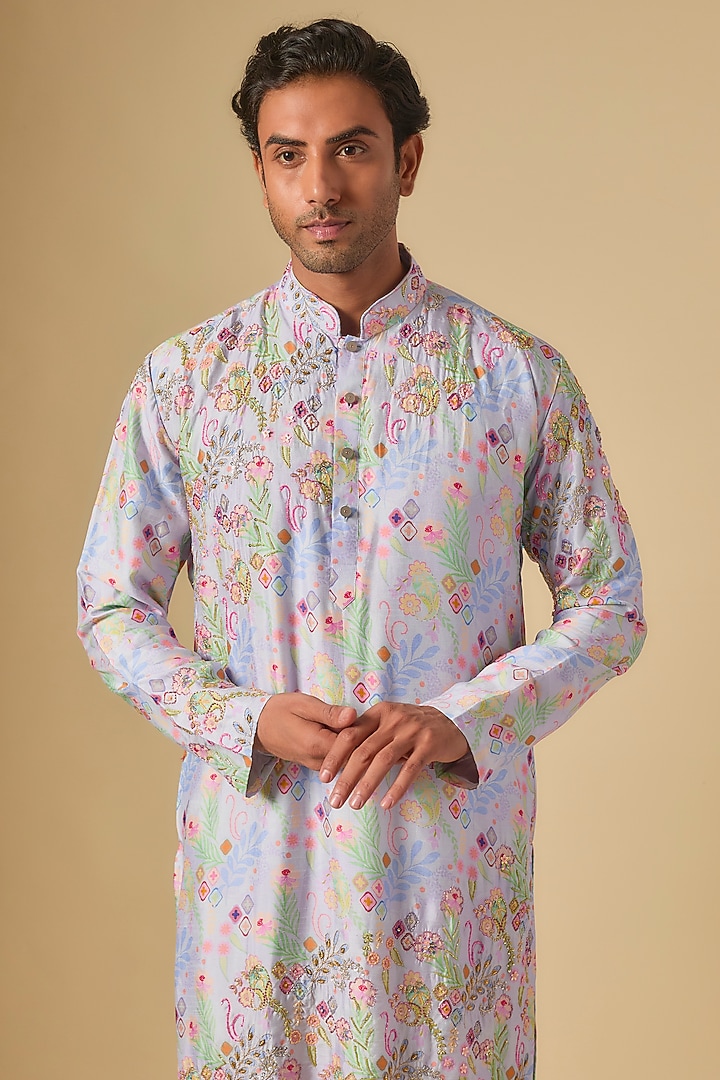 Sky Blue Silk Printed & Embroidered Kurta Set by Jayesh and Kaajal Shah Men at Pernia's Pop Up Shop