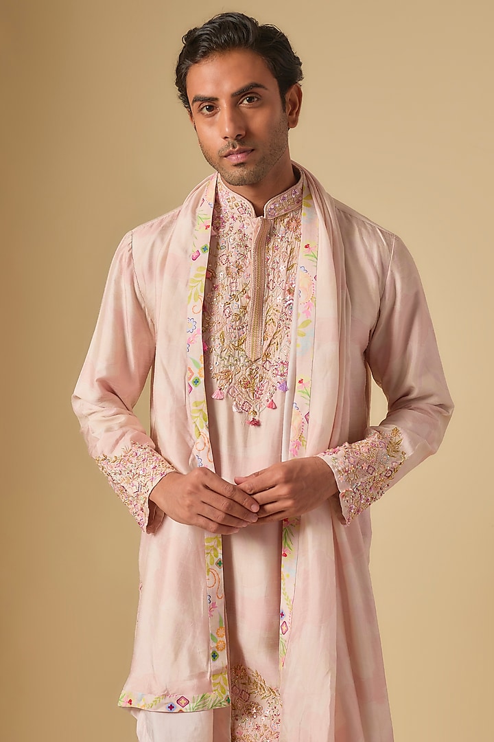 Peach Cotton Silk Embroidered Kurta Set by Jayesh and Kaajal Shah Men at Pernia's Pop Up Shop