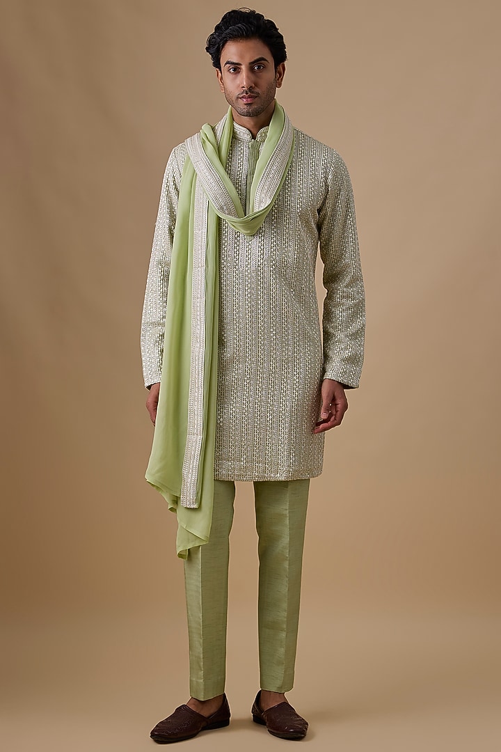 Mint Green Silk Kurta Set by Jayesh and Kaajal Shah
