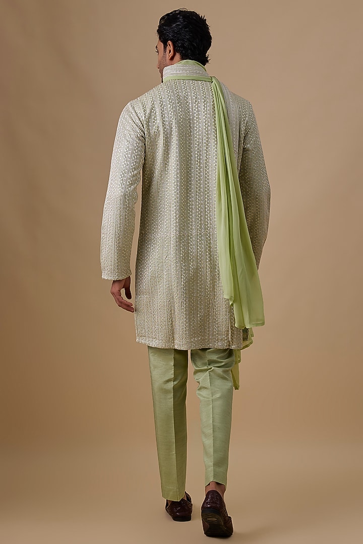 Mint Green Silk Kurta Set by Jayesh and Kaajal Shah Men at Pernia's Pop Up Shop