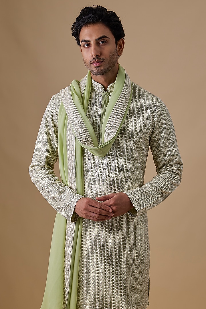 Mint Green Silk Kurta Set by Jayesh and Kaajal Shah Men at Pernia's Pop Up Shop