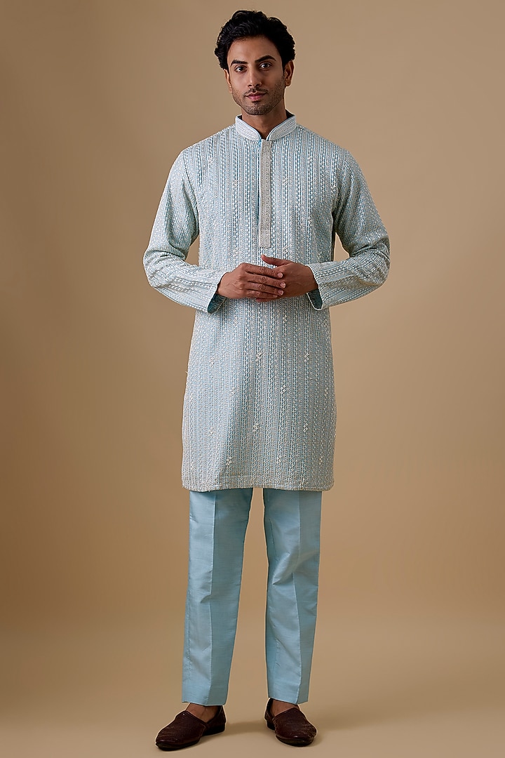 Sky Blue Silk Kurta Set by Jayesh and Kaajal Shah