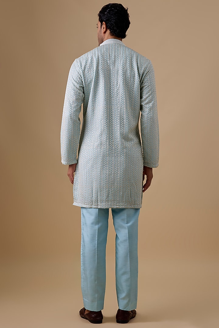 Sky Blue Silk Kurta Set by Jayesh and Kaajal Shah Men at Pernia's Pop Up Shop
