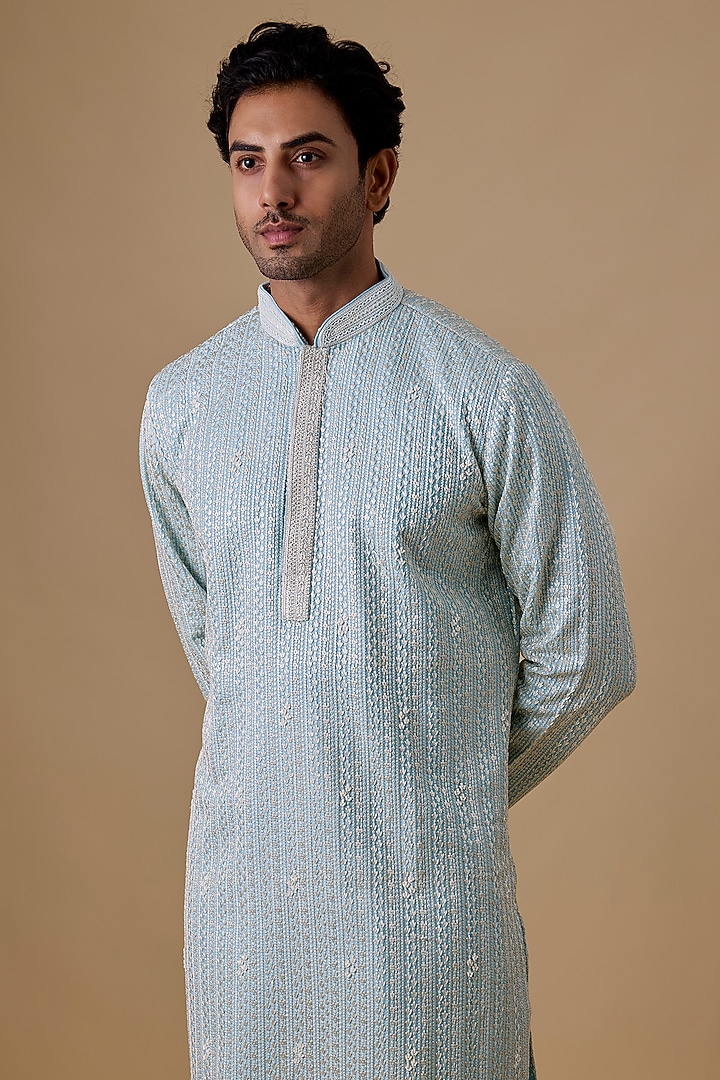 Sky Blue Silk Kurta Set by Jayesh and Kaajal Shah Men at Pernia's Pop Up Shop