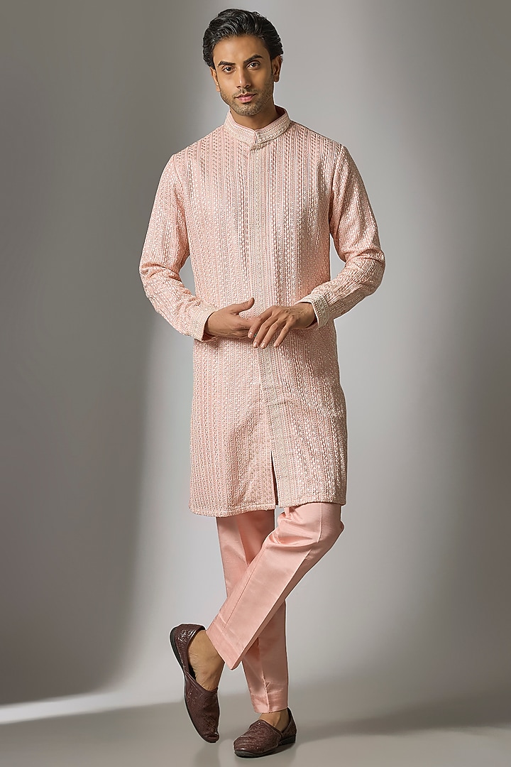 Pink Silk Kurta Set by Jayesh and Kaajal Shah Men at Pernia's Pop Up Shop