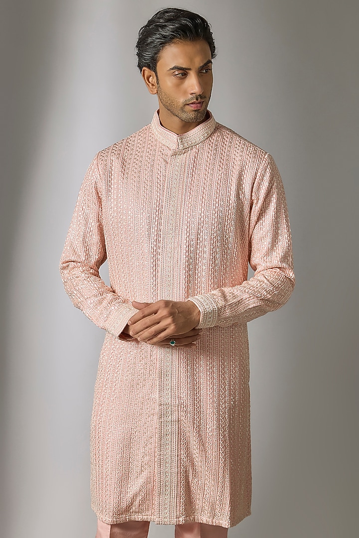 Pink Silk Kurta Set by Jayesh and Kaajal Shah Men at Pernia's Pop Up Shop
