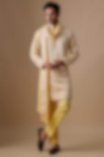 Yellow Silk Kurta Set by Jayesh and Kaajal Shah