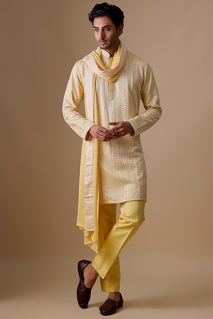 Yellow Silk Kurta Set by Jayesh and Kaajal Shah