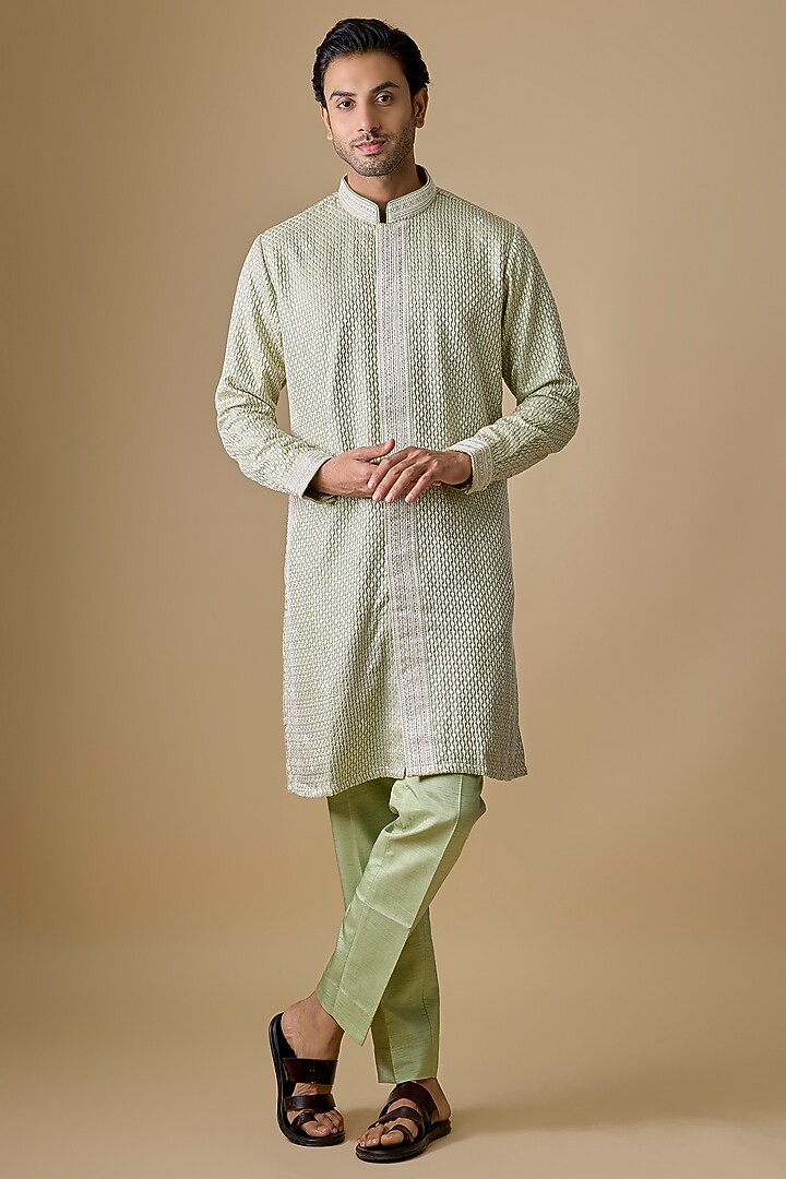 Mint Silk Kurta Set by Jayesh and Kaajal Shah Men at Pernia's Pop Up Shop