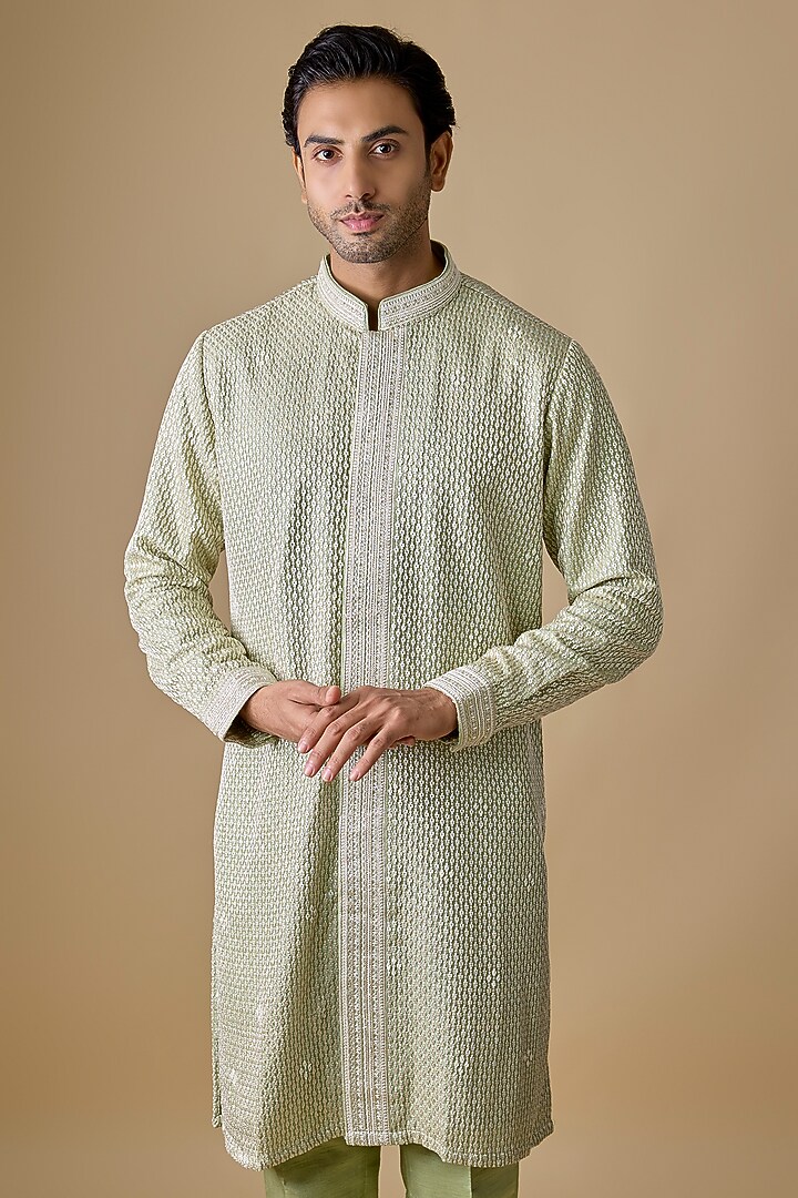 Mint Silk Kurta Set by Jayesh and Kaajal Shah Men at Pernia's Pop Up Shop