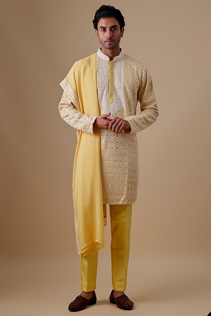 Yellow Silk Kurta Set by Jayesh and Kaajal Shah