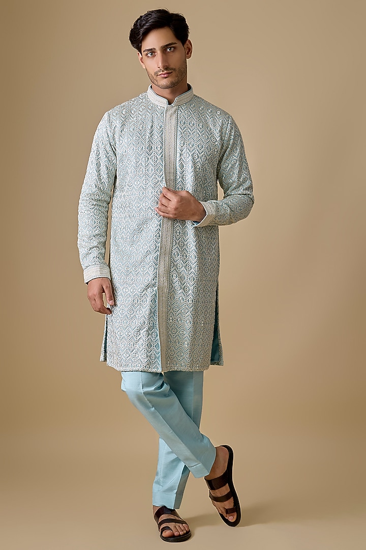 Sky Blue Silk Kurta by Jayesh and Kaajal Shah Men at Pernia's Pop Up Shop