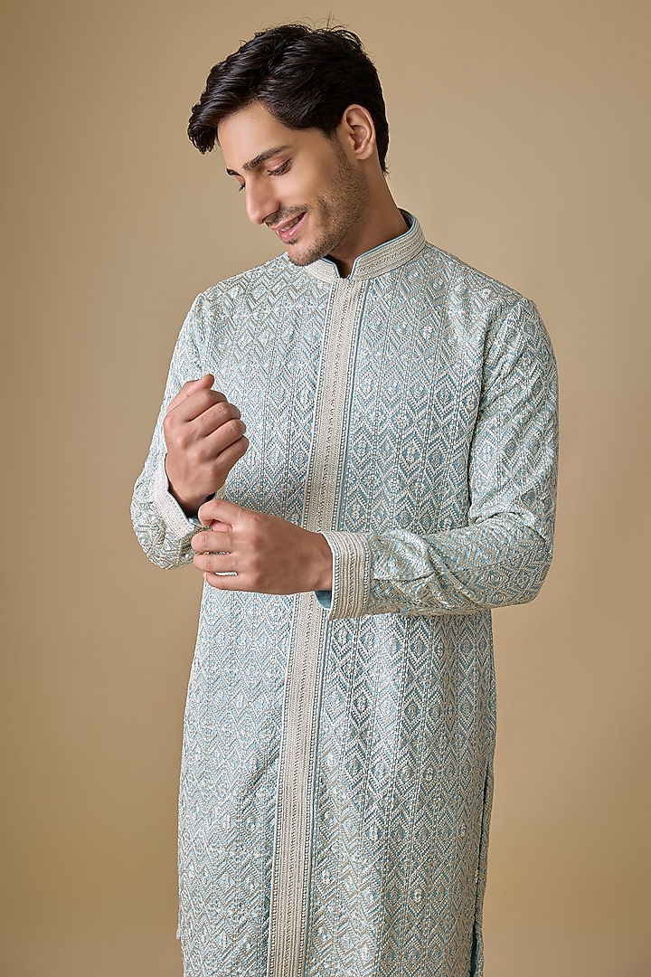 Sky Blue Silk Kurta by Jayesh and Kaajal Shah Men at Pernia's Pop Up Shop