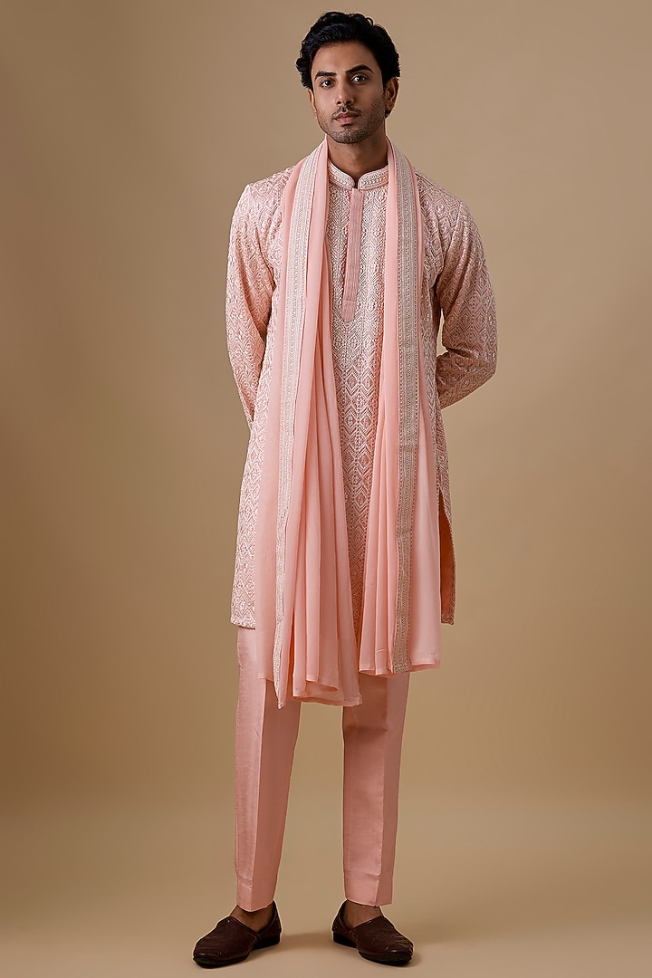 Pink Silk Kurta Set by Jayesh and Kaajal Shah