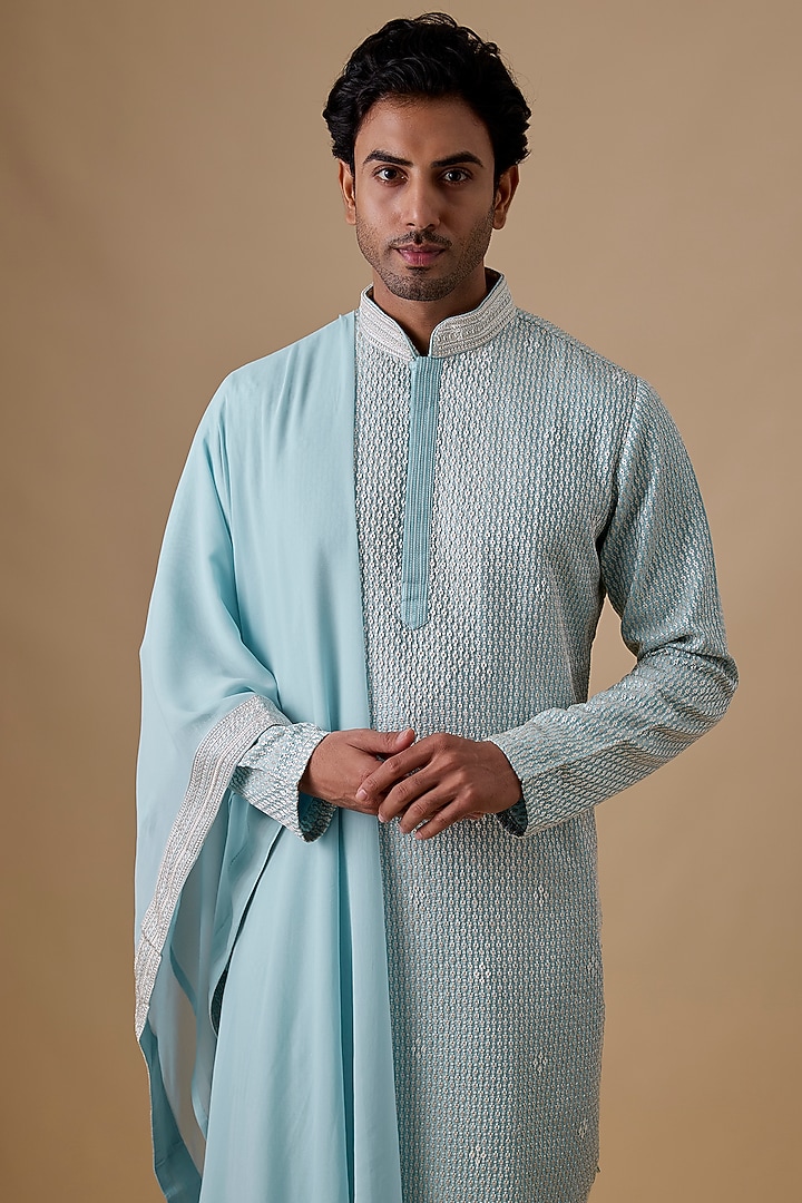 Yellow Silk Kurta Set by Jayesh and Kaajal Shah Men at Pernia's Pop Up Shop