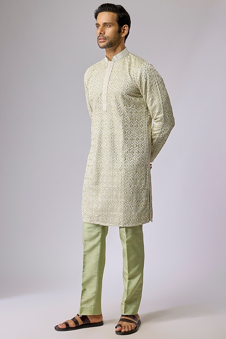 Mint Silk Kurta Set by Jayesh and Kaajal Shah Men at Pernia's Pop Up Shop