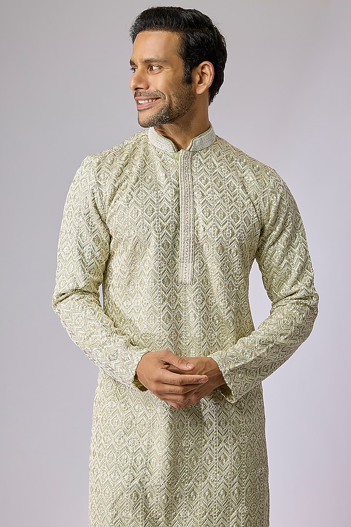 Mint Silk Kurta Set by Jayesh and Kaajal Shah Men at Pernia's Pop Up Shop
