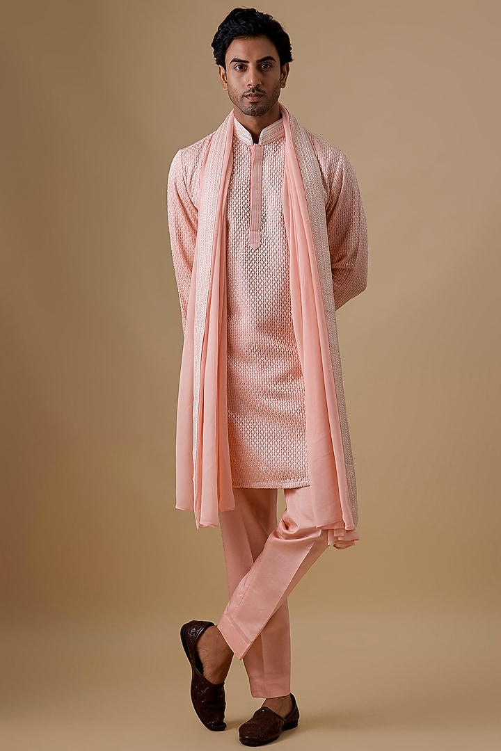 Pink Silk Kurta Set by Jayesh and Kaajal Shah