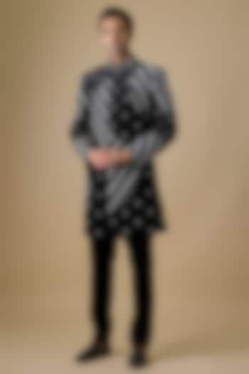 Black Polyester & Linen Satin Groom Indowestern Set by Jayesh and Kaajal Shah Men at Pernia's Pop Up Shop