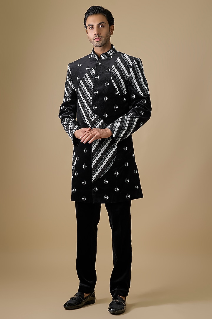 Black Polyester & Linen Satin Groom Indowestern Set by Jayesh and Kaajal Shah Men at Pernia's Pop Up Shop