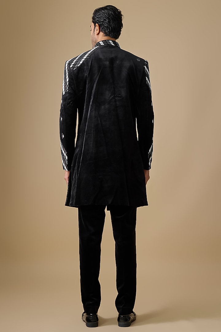 Black Polyester & Linen Satin Groom Indowestern Set by Jayesh and Kaajal Shah Men at Pernia's Pop Up Shop