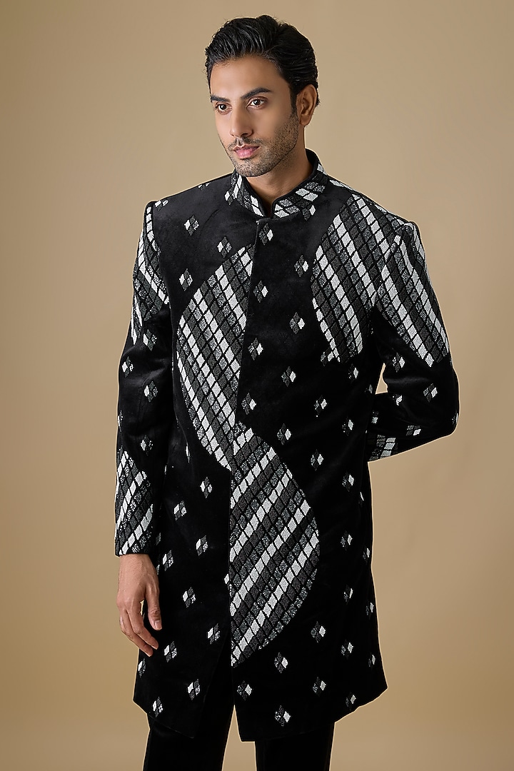 Black Polyester & Linen Satin Groom Indowestern Set by Jayesh and Kaajal Shah Men at Pernia's Pop Up Shop