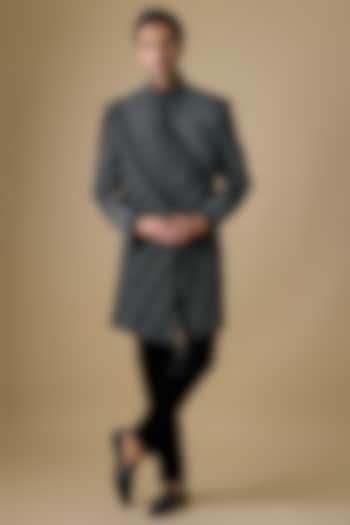 Black Polyester & Linen Satin Groom Indowestern Set by Jayesh and Kaajal Shah Men at Pernia's Pop Up Shop