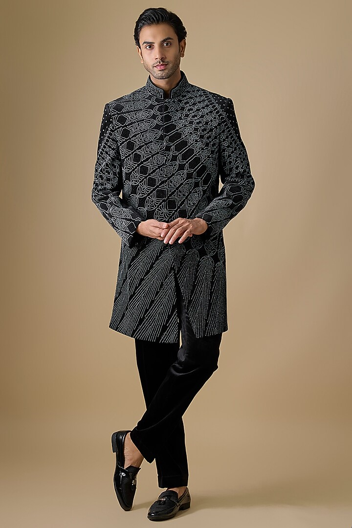 Black Polyester & Linen Satin Groom Indowestern Set by Jayesh and Kaajal Shah Men at Pernia's Pop Up Shop