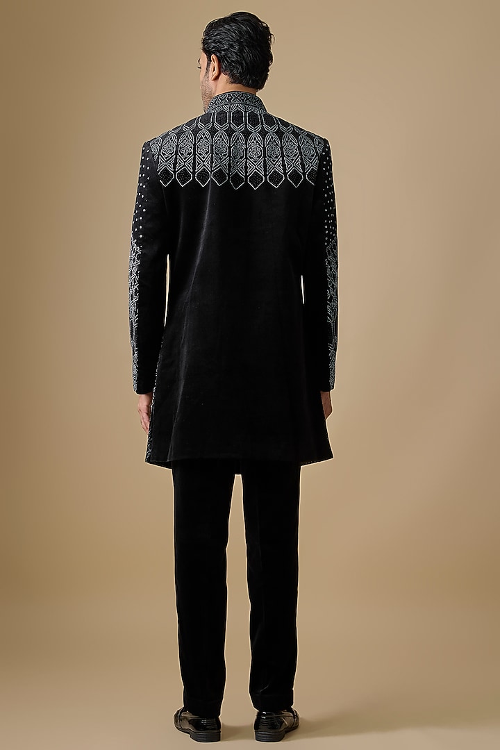 Black Polyester & Linen Satin Groom Indowestern Set by Jayesh and Kaajal Shah Men at Pernia's Pop Up Shop
