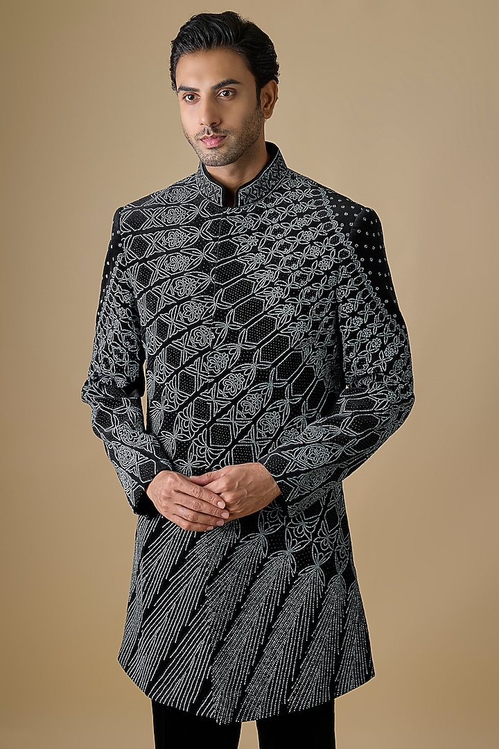 Black Polyester & Linen Satin Groom Indowestern Set by Jayesh and Kaajal Shah Men at Pernia's Pop Up Shop