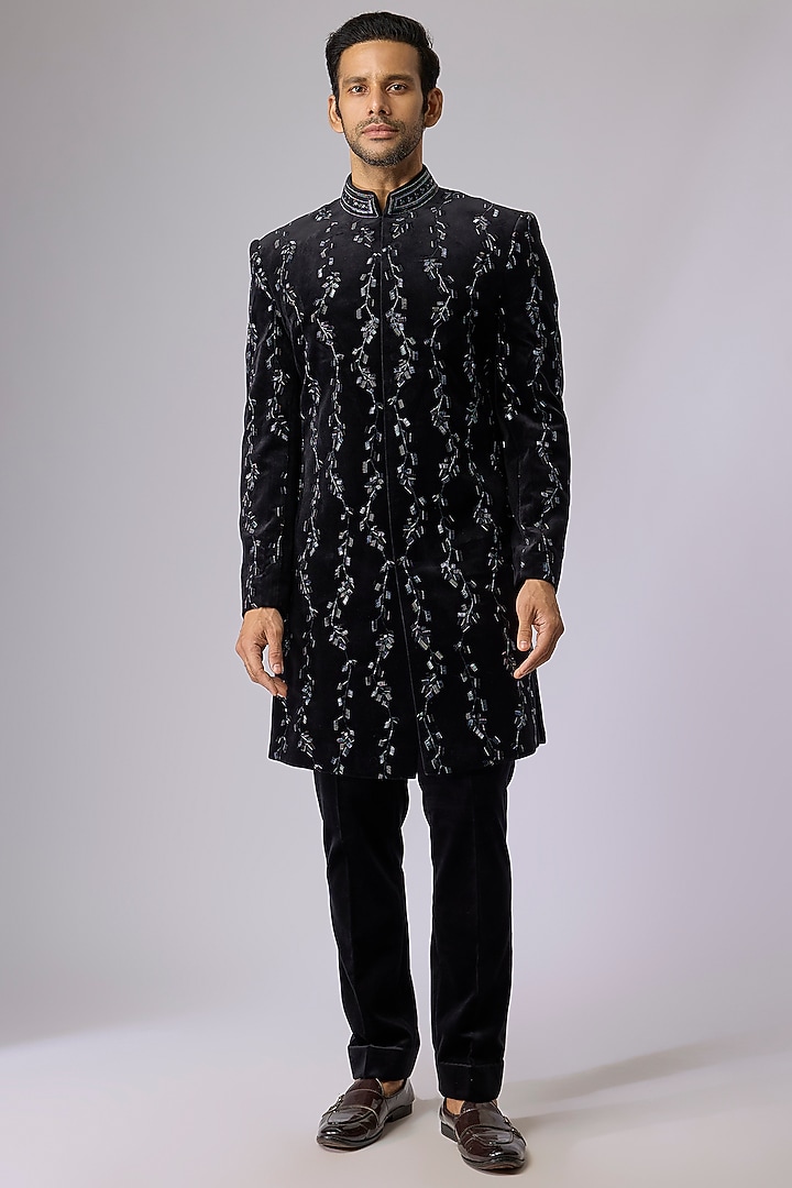 Black Silk Indo-Western Set by Jayesh and Kaajal Shah Men at Pernia's Pop Up Shop