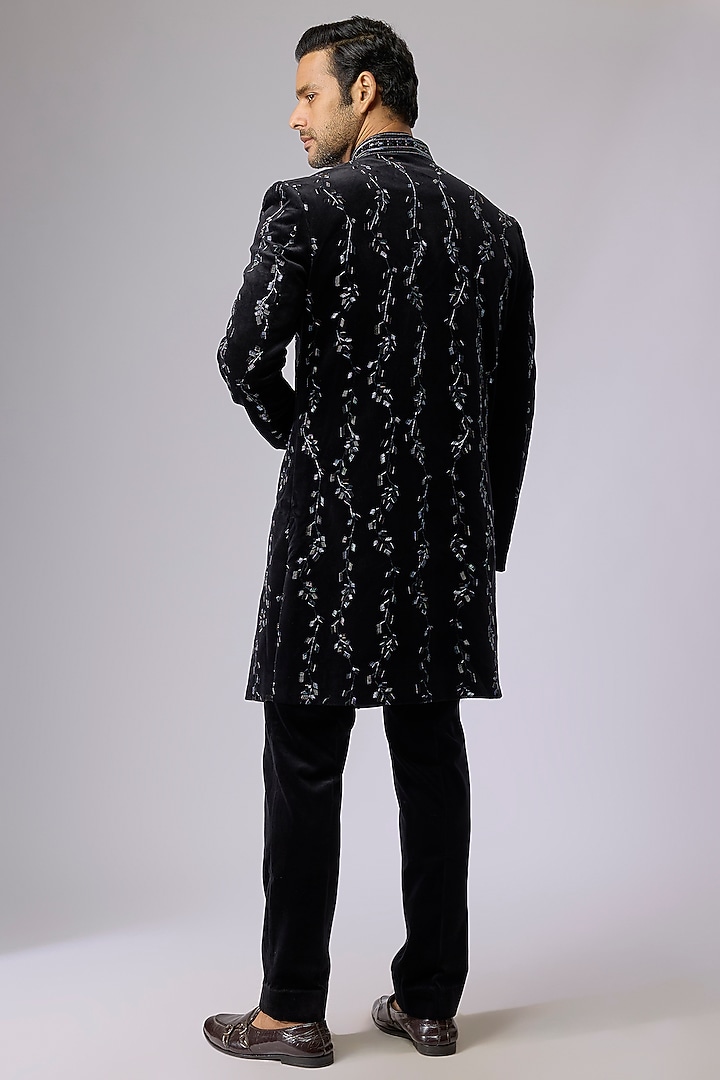 Black Silk Indo-Western Set by Jayesh and Kaajal Shah Men at Pernia's Pop Up Shop