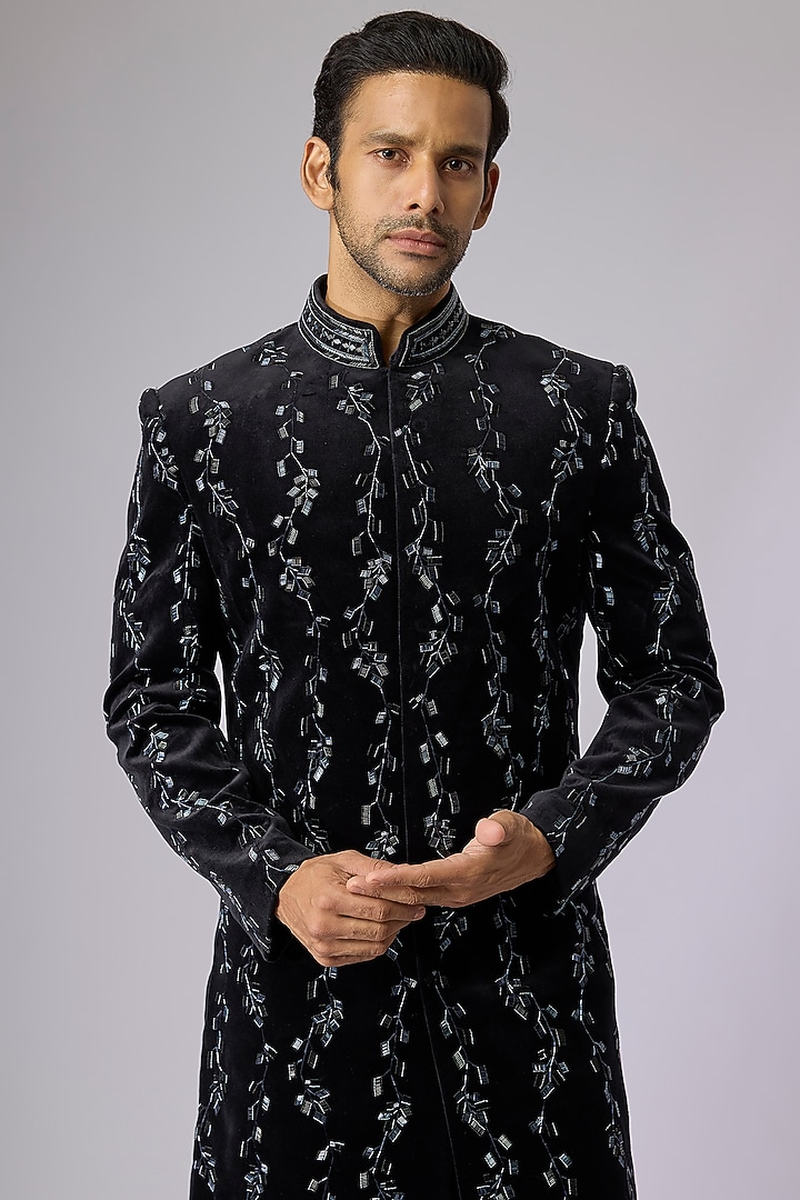 Black Silk Indo-Western Set by Jayesh and Kaajal Shah Men at Pernia's Pop Up Shop