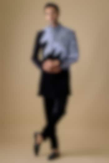 Black Polyester & Linen Satin Groom Indowestern Set by Jayesh and Kaajal Shah Men at Pernia's Pop Up Shop