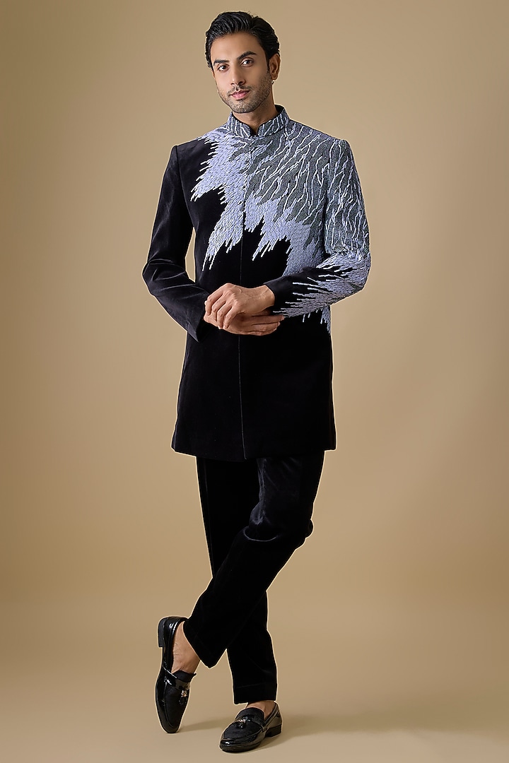 Black Polyester & Linen Satin Groom Indowestern Set by Jayesh and Kaajal Shah Men at Pernia's Pop Up Shop