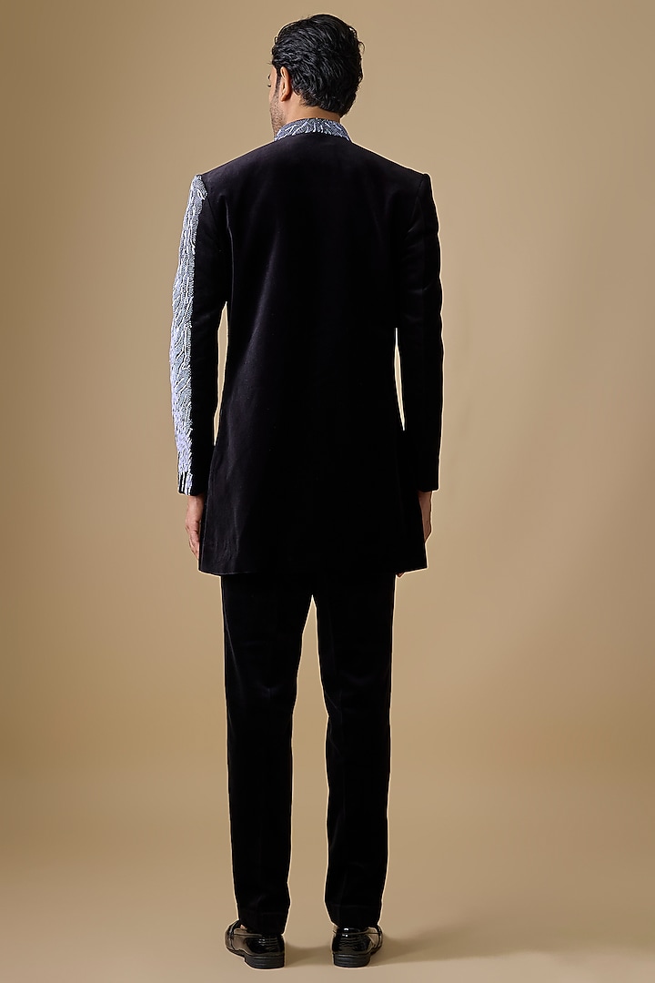 Black Polyester & Linen Satin Groom Indowestern Set by Jayesh and Kaajal Shah Men at Pernia's Pop Up Shop
