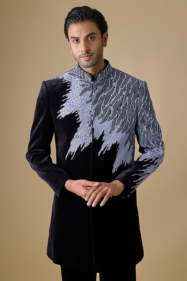 Black Polyester & Linen Satin Groom Indowestern Set by Jayesh and Kaajal Shah Men at Pernia's Pop Up Shop