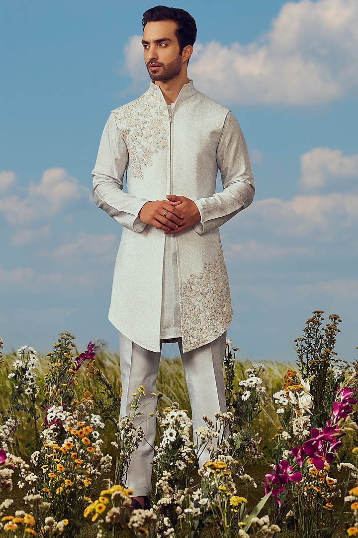 Powder Blue Dupion Silk Printed Indowestern Set by Jayesh and Kaajal Shah