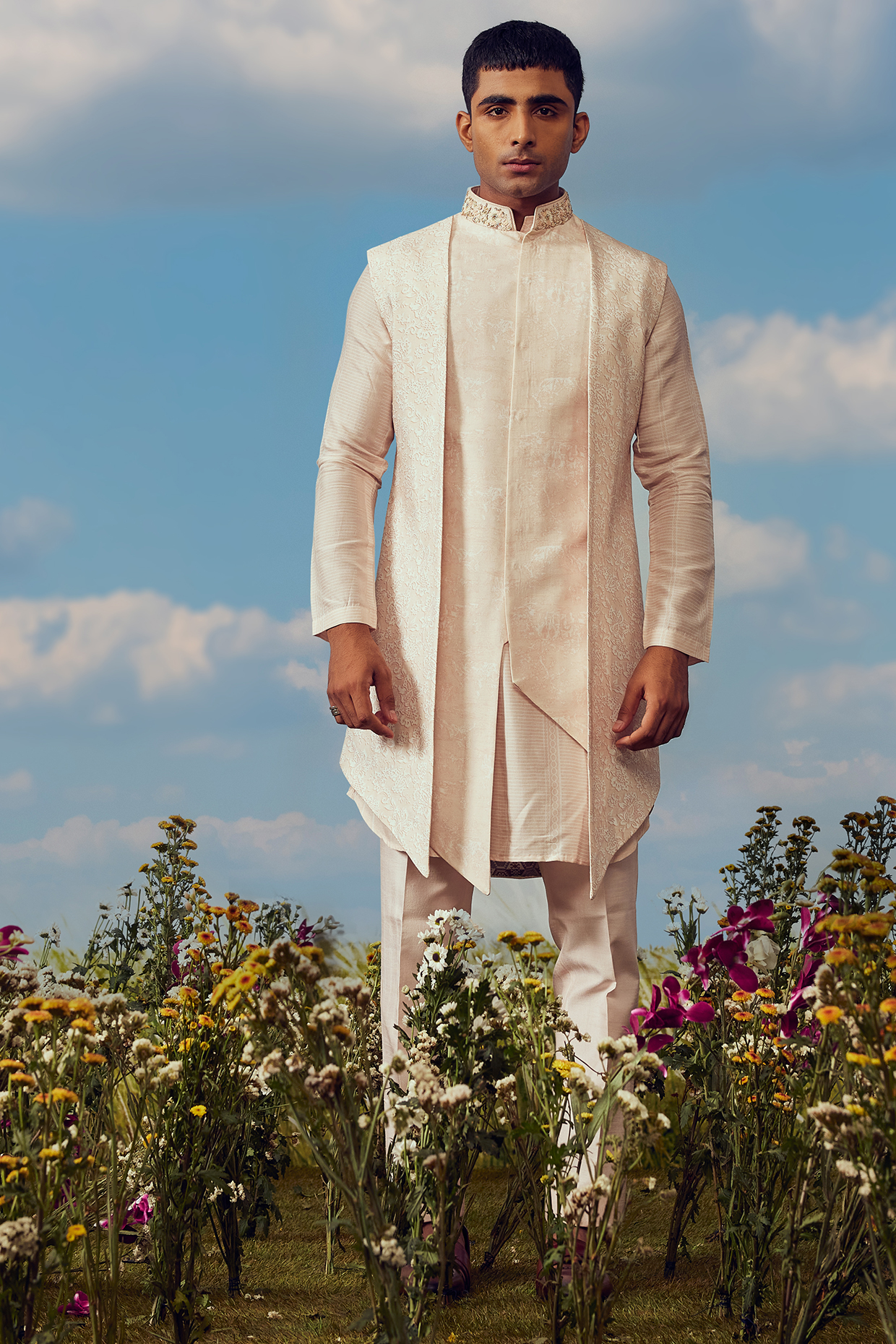 Peach Dupion Silk Printed Indowestern Set by Jayesh and Kaajal Shah