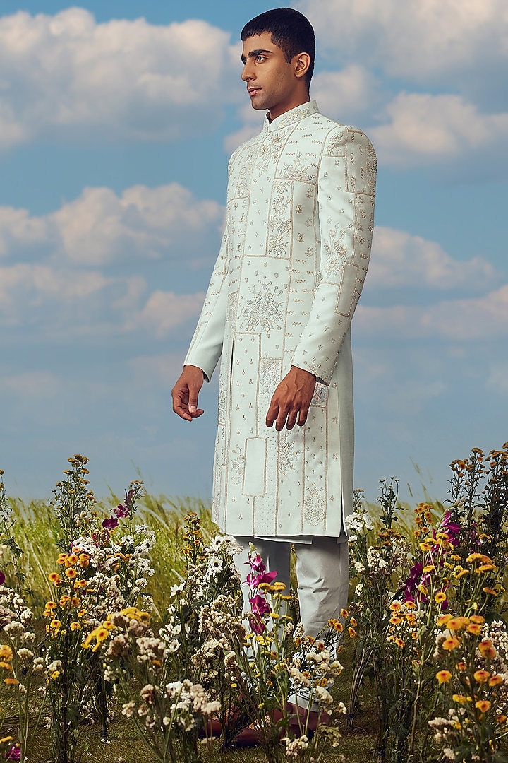 Powder Blue Dupion Silk Groom Sherwani Set by Jayesh and Kaajal Shah Men at Pernia's Pop Up Shop