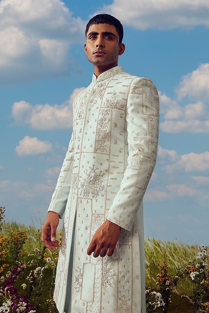Powder Blue Dupion Silk Groom Sherwani Set by Jayesh and Kaajal Shah Men at Pernia's Pop Up Shop
