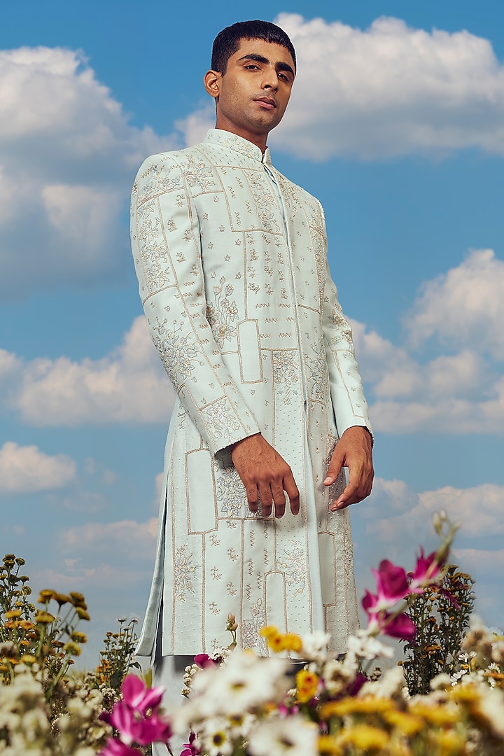 Powder Blue Dupion Silk Groom Sherwani Set by Jayesh and Kaajal Shah Men at Pernia's Pop Up Shop