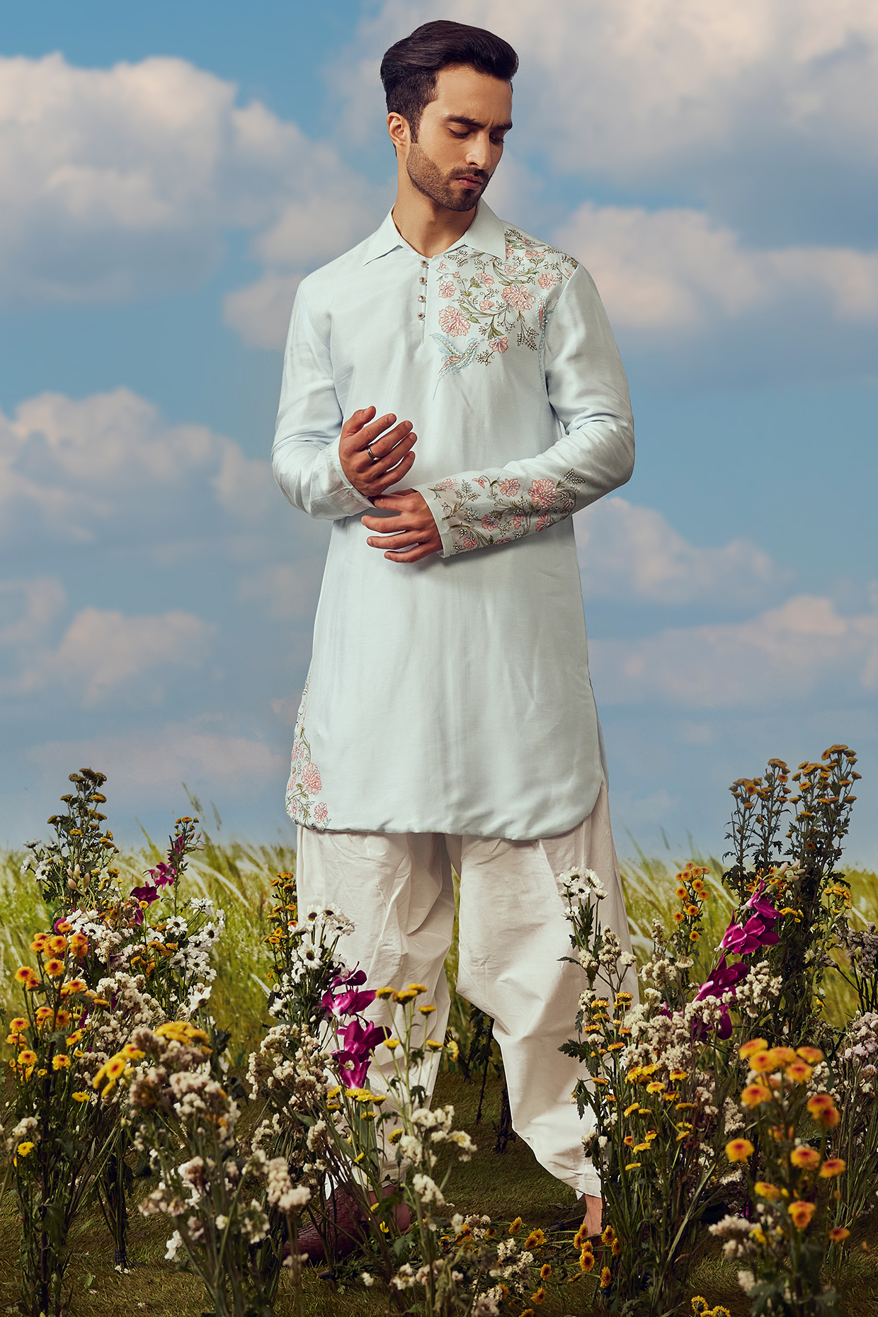 Powder Blue Dupion Silk Kurta Set by Jayesh and Kaajal Shah at Pernia's Pop Up Shop