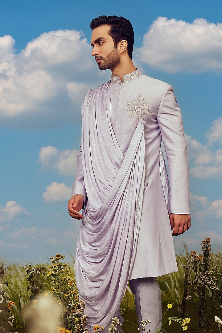 Lavender Dupion Silk Indowestern Set by Jayesh and Kaajal Shah