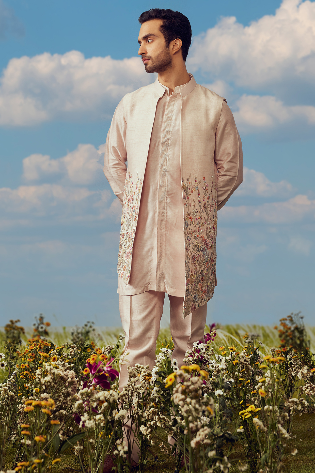Peach Dupion Silk Indowestern Set by Jayesh and Kaajal Shah
