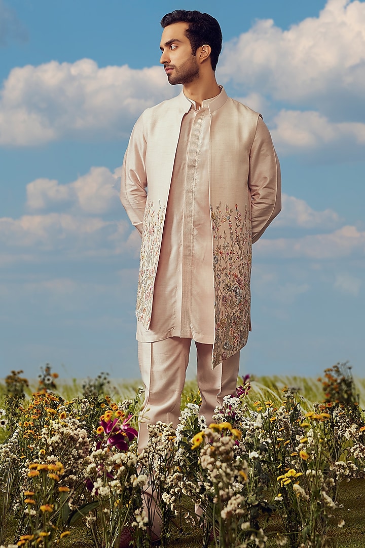 Peach Dupion Silk Indowestern Set by Jayesh and Kaajal Shah